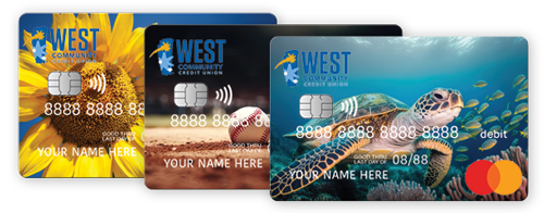 Image of an stock photos printed on a 3 separate West Community debit cards